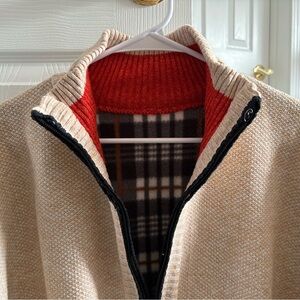 Men's Beige Zip-Up Sweater with Red Interior
